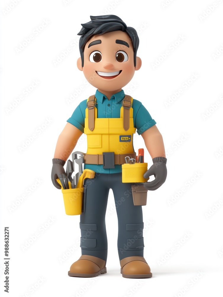A cheerful cartoon character dressed as a worker, holding tools and wearing a utility belt. A cheerful cartoon character dressed as a worker, holding tools and wearing a utility belt.