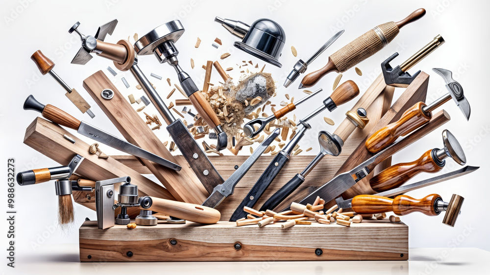 Various woodworking tools are scattered around, including chisels, planes, and measuring instruments, highlighting the art of craftsmanship in a well-organized workshop Various woodworking tools are scattered around, including chisels, planes, and measuring instruments, highlighting the art of craftsmanship in a well-organized workshop