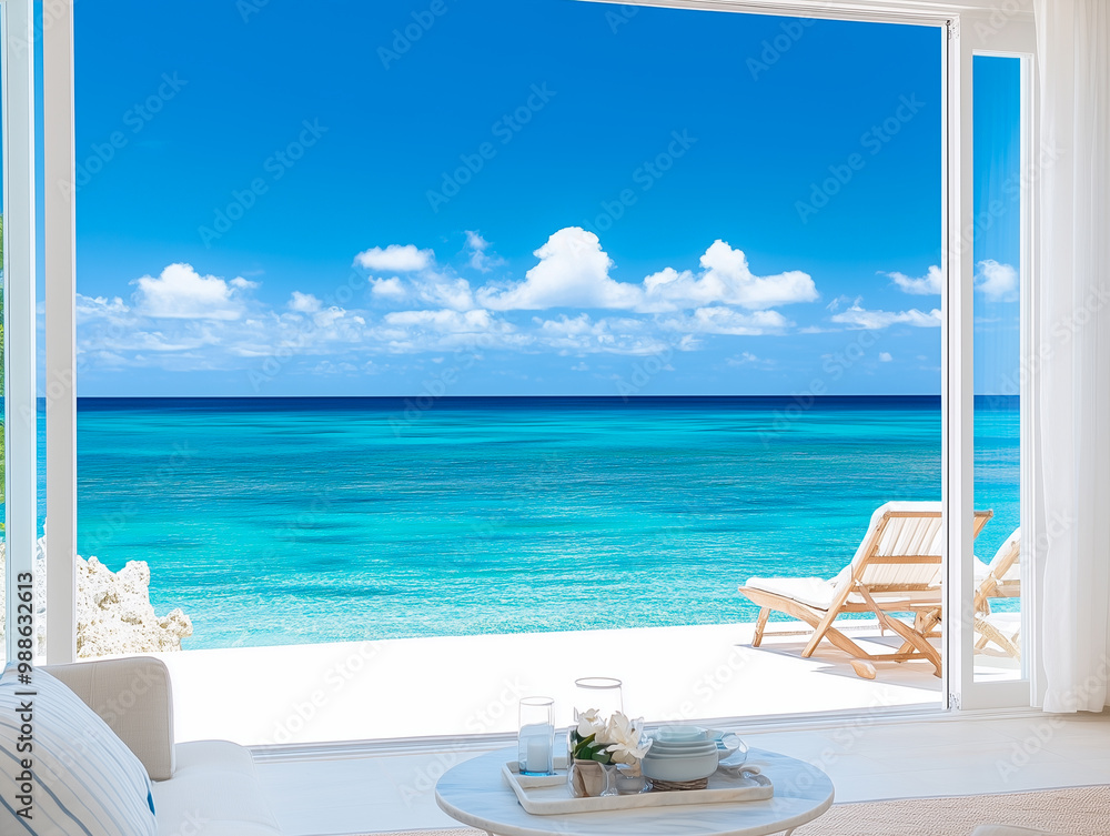 Obraz premium Modern, luxury home showcase living room and patio with ocean view