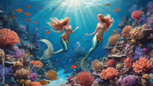 Fototapeta Naklejka Na Ścianę i Meble -  Two mermaids swimming in coral reef with tropical fish