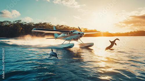 A twin-propeller water plane gliding smoothly on the surface of a sparkling lagoon with dolphins leaping around it. photo