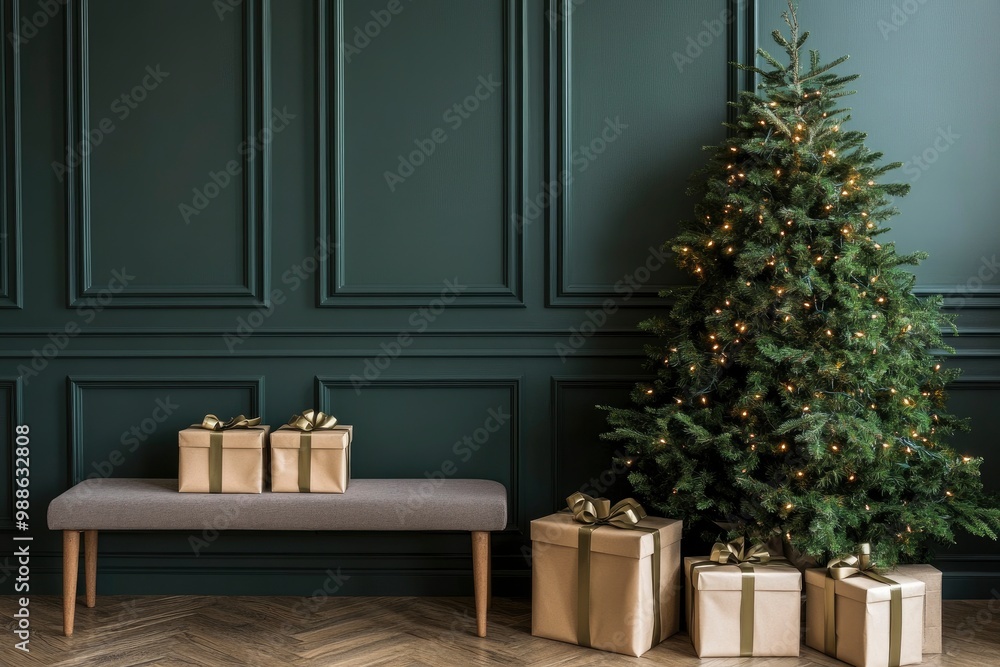 Grey bench and gift boxes under Christmas tree near green wall with generative ai Grey bench and gift boxes under Christmas tree near green wall with generative ai