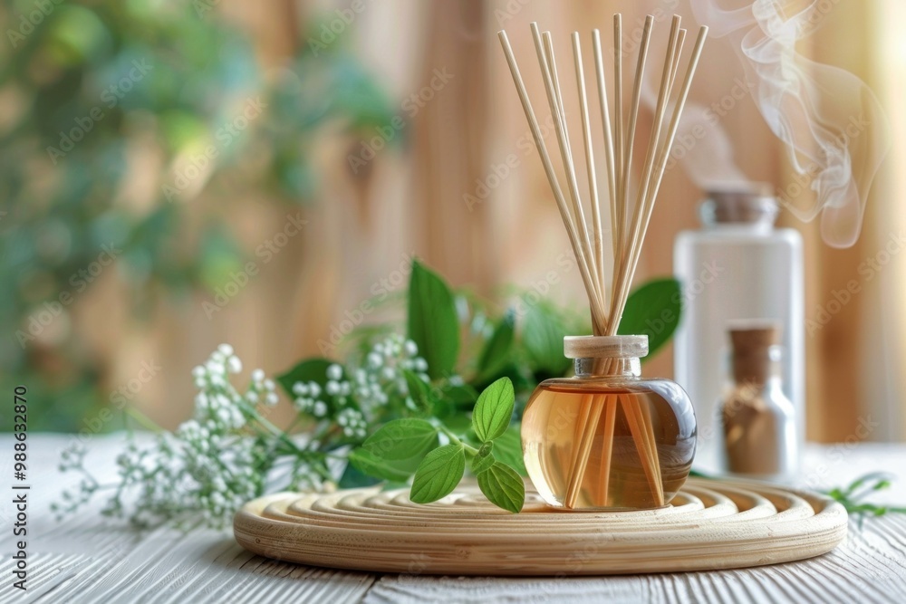 Aromatic reed diffuser releasing a pleasant scent with smoke in the background, creating a relaxing atmosphere Aromatic reed diffuser releasing a pleasant scent with smoke in the background, creating a relaxing atmosphere