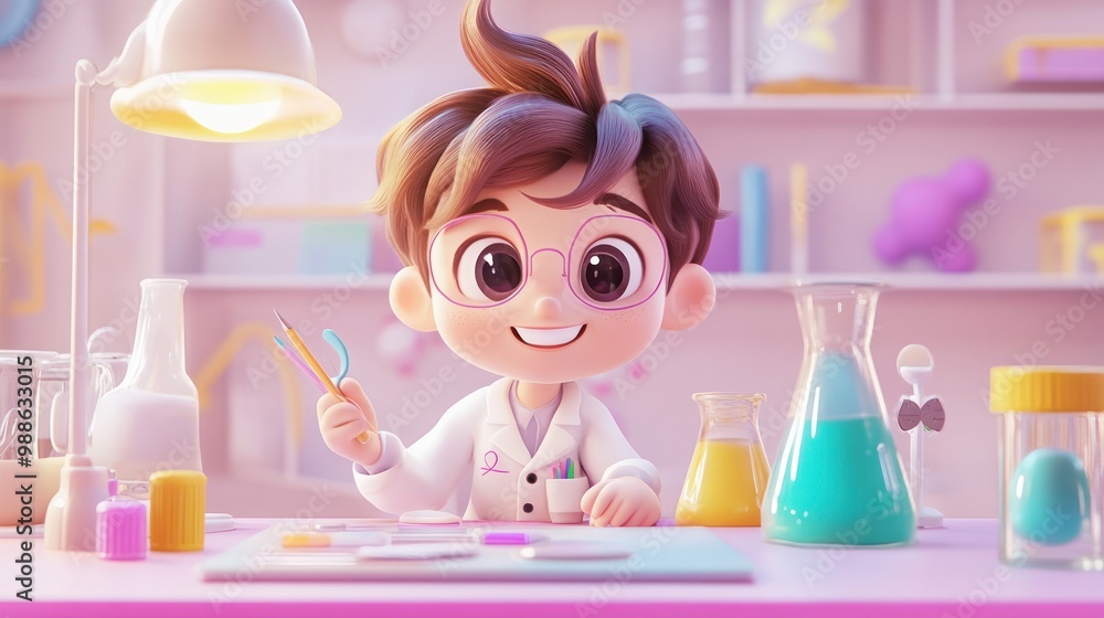 A cheerful cartoon scientist in a lab, engaging in experiments with colorful liquids. A cheerful cartoon scientist in a lab, engaging in experiments with colorful liquids.