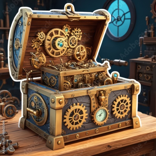 A treasure chest full of complex gears and clockwork machinery sits in a steampunk workshop, brimming with mechanical secrets and innovative design