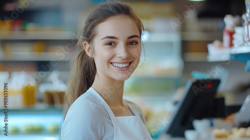 Attractive cheerful cashier women serving customer with service mind