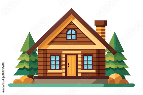 A charming wooden cabin with a chimney nestled among trees and greenery, cabin icon . isolated white background