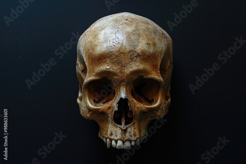 Anatomy Skull. Frontview of Natural Human Skull in Black Isolated Background for Medical and Horror Concepts