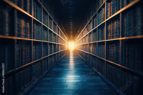 Wallpaper Mural Luminous library corridor with bookshelves and warm light at the end. Torontodigital.ca