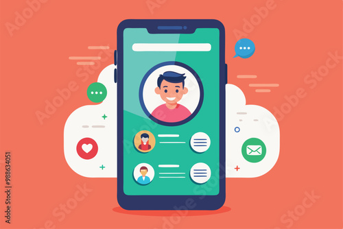 A smartphone displays a calling interface with contact details and chat options showcased, Calling Screen Interface, Mobile Call on Smartphone Template