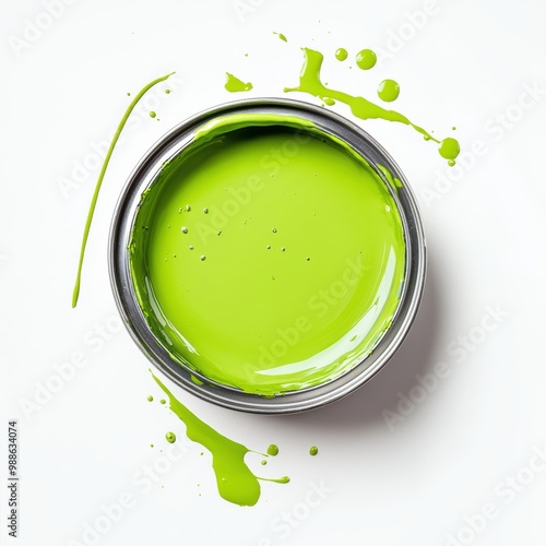 Paint can with chartreuse green lime paint top view lay flat with drips and droplets on isolated white background photo