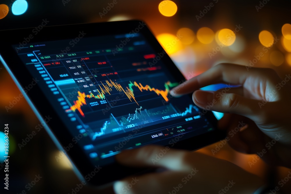A person analyzes stock market trends on a tablet with colorful graphs and data in a dimly lit environment A person analyzes stock market trends on a tablet with colorful graphs and data in a dimly lit environment