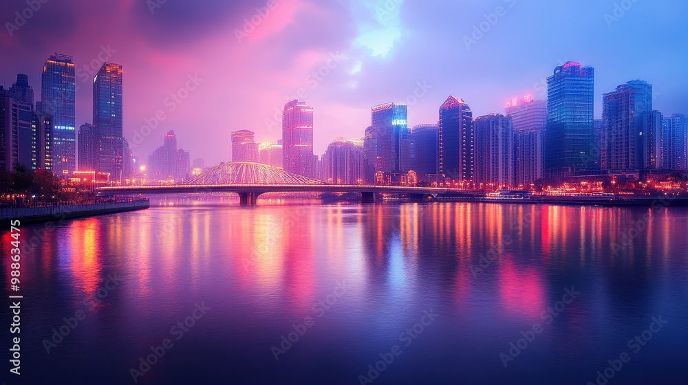 Fototapeta premium Stunning Cityscape at Sunset with Vibrant Reflections