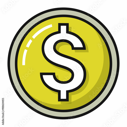 A bright yellow coin featuring a prominent dollar sign on its surface