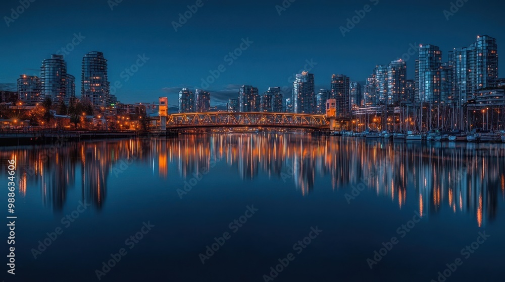 Fototapeta premium Dazzling City Skyline Reflected in Serene Lake at Night