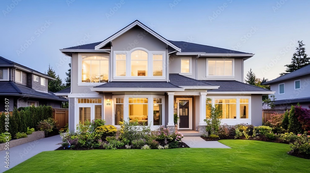Two-story suburban house with large bay windows, soft white trim, and a lush garden Two-story suburban house with large bay windows, soft white trim, and a lush garden