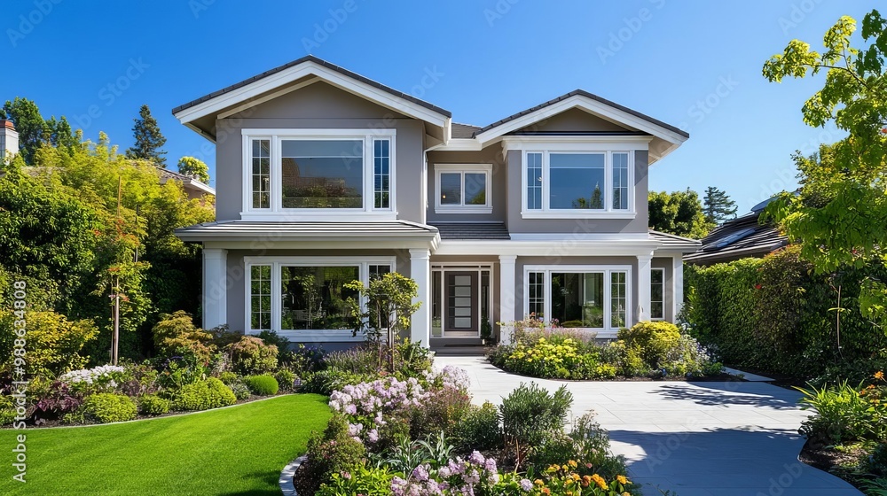 Two-story suburban house with large bay windows, soft white trim, and a lush garden Two-story suburban house with large bay windows, soft white trim, and a lush garden