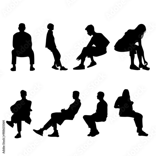 8 png silhouettes of people in sitting postures	
