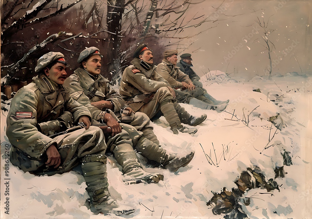 Fototapeta premium Winter landscape with soldiers resting