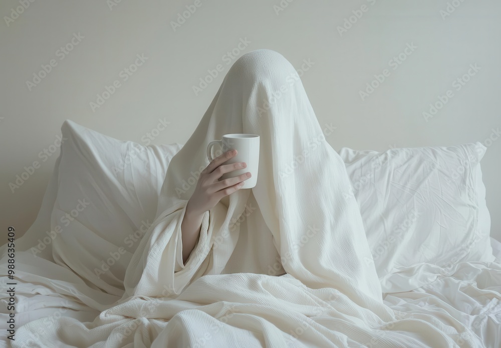Mysterious Figure in White Blanket Holding Mug in Minimalist Bedroom Mysterious Figure in White Blanket Holding Mug in Minimalist Bedroom