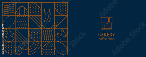 Abstract coffee modern line geometric pattern. Hand drawn illustration for Bakery and Coffee shop. Icons. Coffee bean, cup of coffee, dish, cookie and croissant. Abstract geometric line background. 
