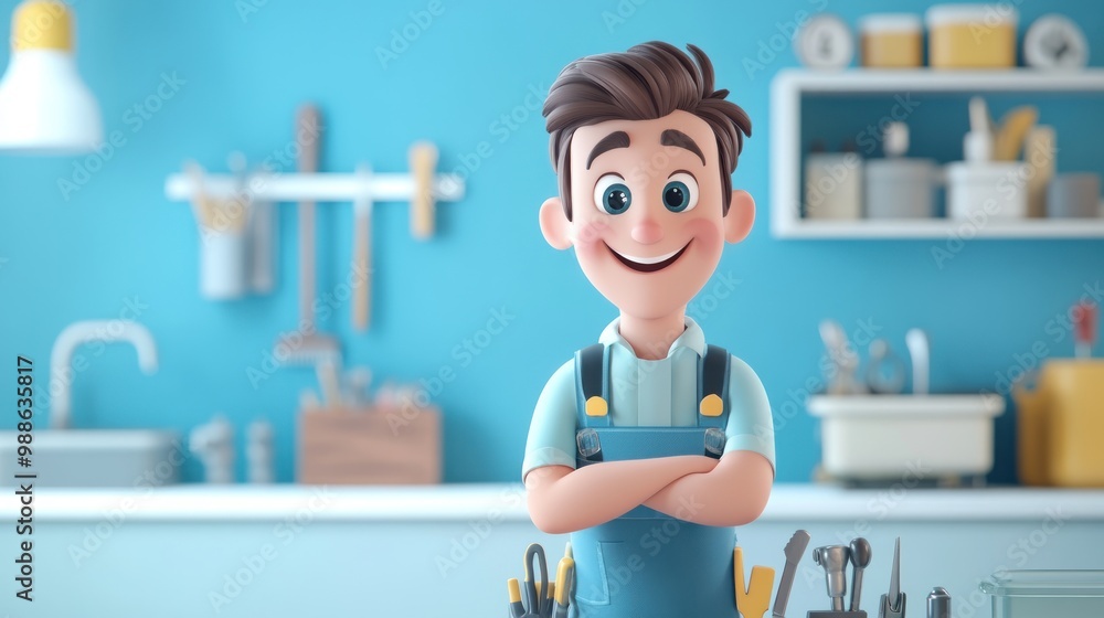 A cheerful cartoon character in a workshop setting, showcasing tools and a friendly demeanor. A cheerful cartoon character in a workshop setting, showcasing tools and a friendly demeanor.
