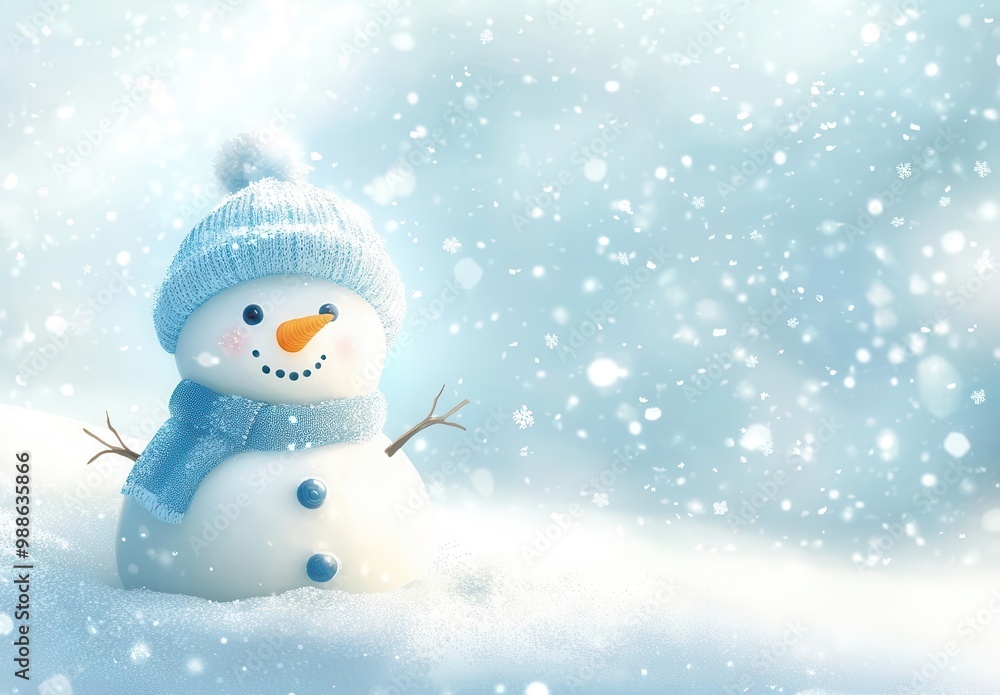 Cheerful snowman in blue scarf amidst snowy winter wonderland Cheerful snowman in blue scarf amidst snowy winter wonderland