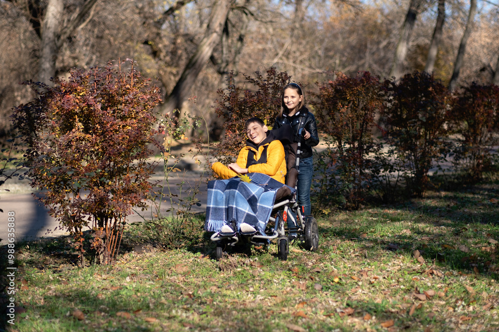 Siblings enjoying outdoor time in park, child in wheelchair, sibling support, family bond, disability inclusion, special needs care. Siblings enjoying outdoor time in park, child in wheelchair, sibling support, family bond, disability inclusion, special needs care.