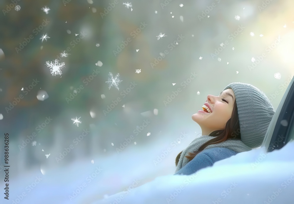 Joyful Woman In Winter Wonderland, Grey and Blue Color Scheme Joyful Woman In Winter Wonderland, Grey and Blue Color Scheme