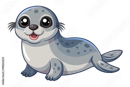 A charming cartoon seal with big eyes and a joyful smile rests happily on a clean background, cartoon character cute cartoon seal isolated on a white background.
