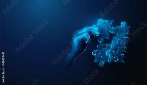 Abstract illustration of hand putting together the puzzle complete in low poly style. Blue geometric background depicting problem solving and business teamwork concept by wireframe mesh