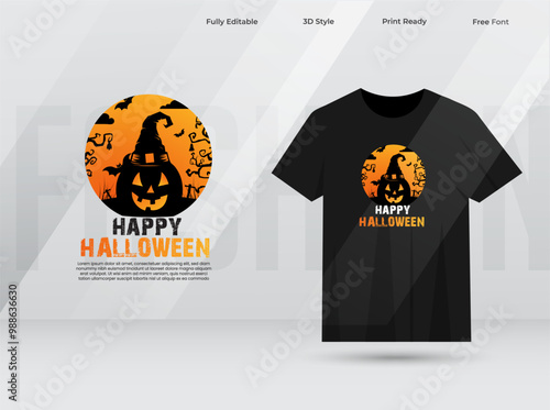 Happy Halloween t-shirt design with tree, bats, and pumpkins. Halloween holiday party t-shirt designs are black. Witch. Print ready Halloween t-shirt design vector. 