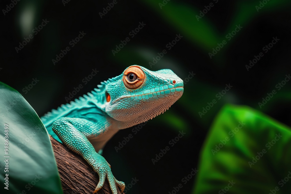 Obraz premium A vibrant turquoise lizard perched on a branch surrounded by lush green leaves, showcasing its intricate details and vivid colors.