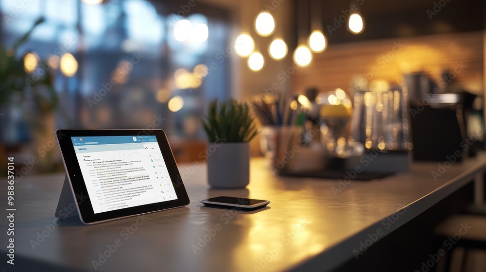 Cozy Cafe Workspace with Tablet and Bokeh Lighting Cozy Cafe Workspace with Tablet and Bokeh Lighting
