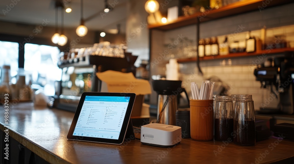 Cozy Coffee Shop Interior with Modern Digital Tablet Cozy Coffee Shop Interior with Modern Digital Tablet