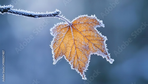 Frost-covered autumn leaf against a vibrant blue sky background