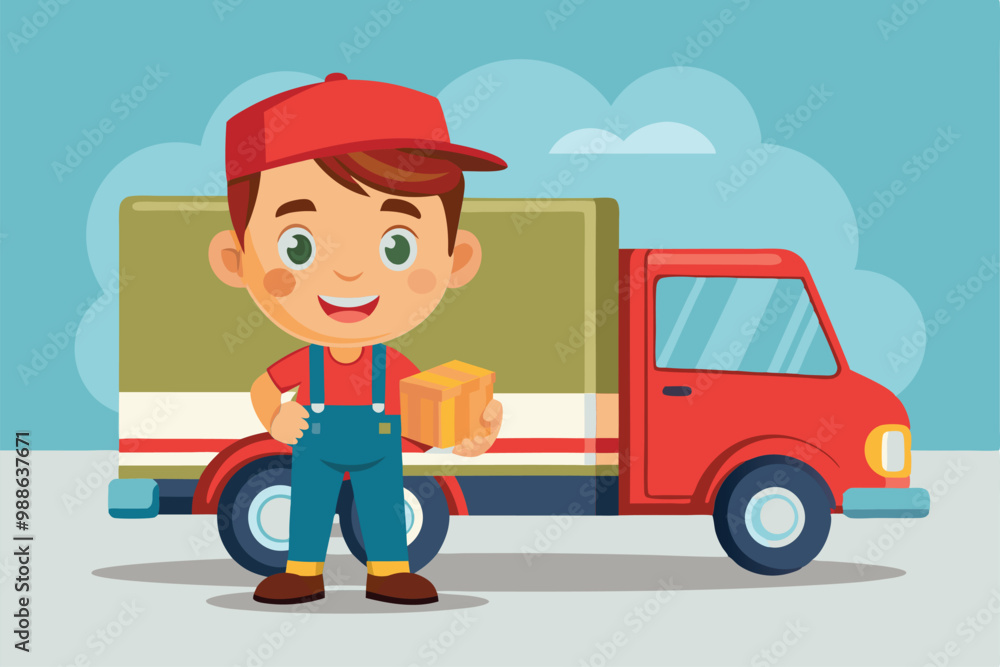 A young delivery boy smiles while holding a package next to his truck, ready for a delivery adventure, Cartoon delivery boy with truck A young delivery boy smiles while holding a package next to his truck, ready for a delivery adventure, Cartoon delivery boy with truck
