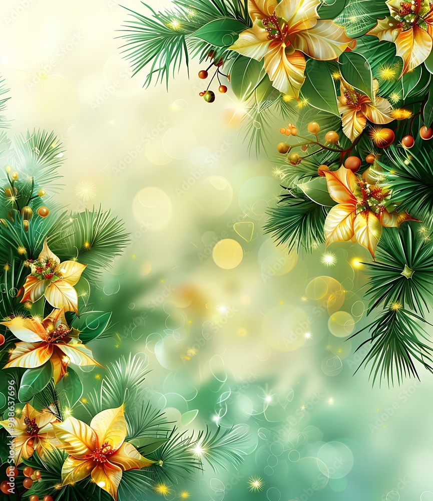 Christmas background with golden poinsettias and pine branches Christmas background with golden poinsettias and pine branches
