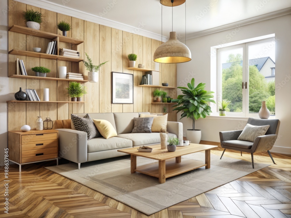 Fototapeta premium Plywood furniture pieces in a natural finish bring an organic touch to the space, while a geometric-shaped area