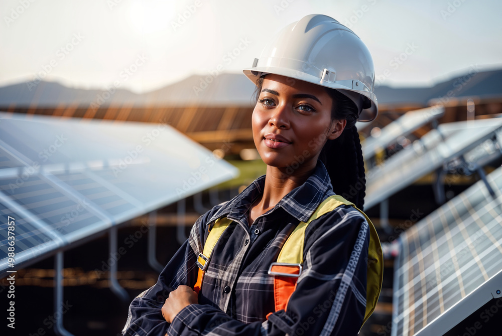 Solar panel engineer. Portrait of young African woman engineer in a protective helmet standing on a solar station. Solar panel engineer. Portrait of young African woman engineer in a protective helmet standing on a solar station.