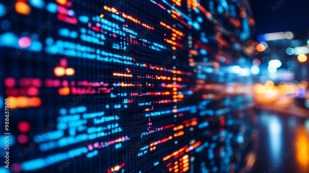 Secure Code Display Programming With Neon Lines of Software Development With Blurred City View Secure Code Display Programming With Neon Lines of Software Development With Blurred City View