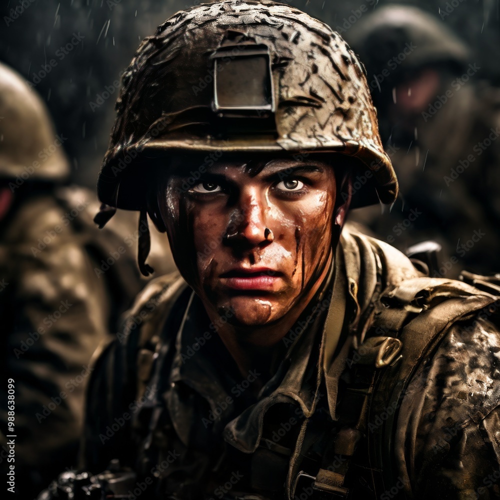 A gritty, close-up portrait of a soldier in full combat gear with a dirt-covered face, displaying a fierce and determined expression. The dark, battle-worn atmosphere adds intensity, emphasizing the A gritty, close-up portrait of a soldier in full combat gear with a dirt-covered face, displaying a fierce and determined expression. The dark, battle-worn atmosphere adds intensity, emphasizing the