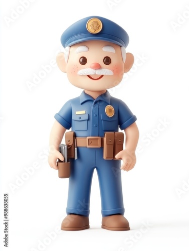 A cartoon-style police officer figurine with a friendly expression and accessories.