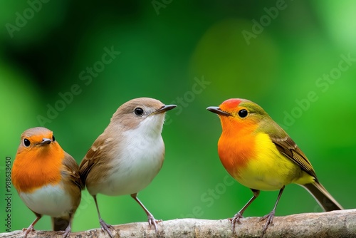 Three colorful birds perched on a branch, showcasing vibrant plumage against a lush green background, perfect for nature lovers.