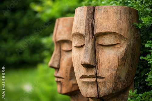 Two serene wooden sculptures with peaceful expressions, surrounded by lush greenery, embodying artistry and tranquility. photo