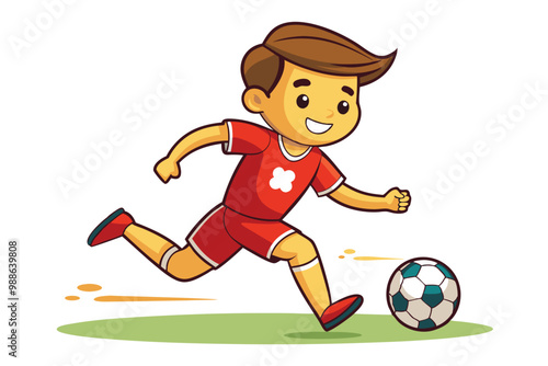 A cheerful cartoon boy runs swiftly while kicking a soccer ball on a grassy field, Cartoon soccer player running and kicking the ball
