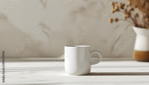 Minimalist white ceramic mug mockup against a cozy background showcasing simplicity and elegance