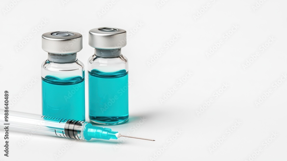 Syringe and vials with blue liquid on white isolated background. Syringe and vials with blue liquid on white isolated background.