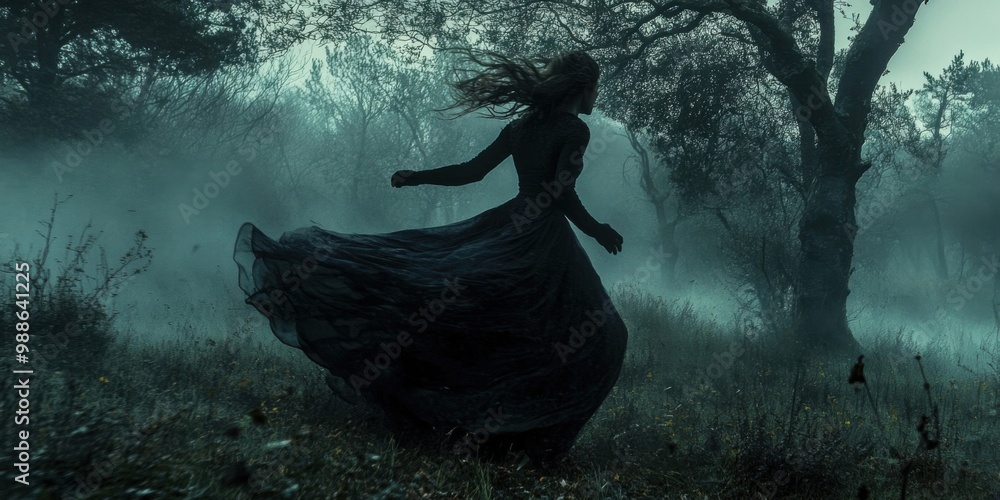 Obraz premium Ethereal Dance in a Misty Landscape: Embrace the Mystique of Nature's Haunting Beauty
