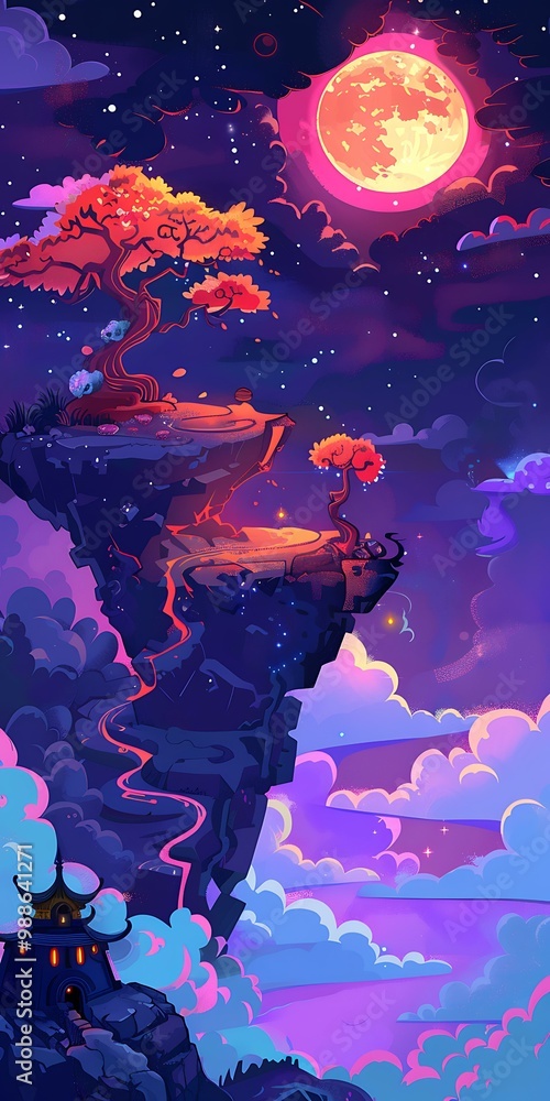 Obraz premium Fantasy Landscape with Red Moon and Clouds
